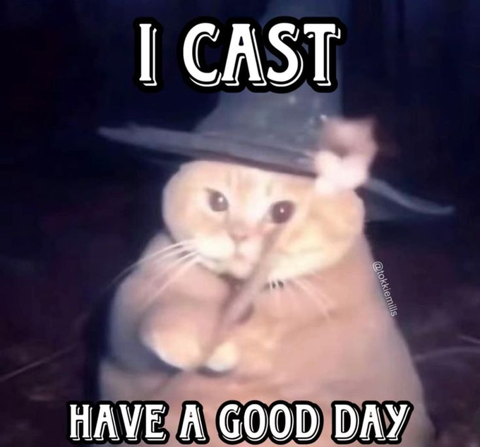 A meme image of an orange cat wearing a witch's hat with paws pressed together in a prayer position, captioned 'I CAST' at the top and 'HAVE A GOOD DAY' at the bottom, credited to @loviekittums.