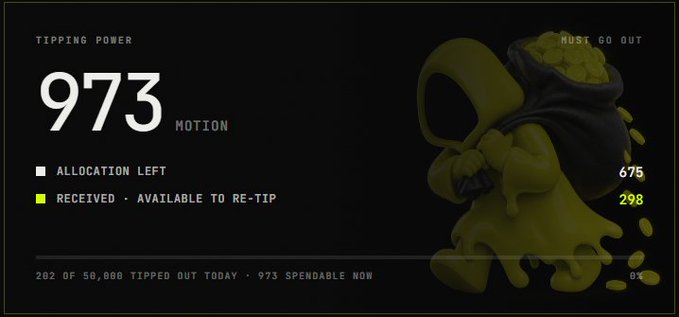 A tipping power display showing '973 MOTION' with allocation details and a 3D graphic of a pot of gold coins pouring out on a dark background.