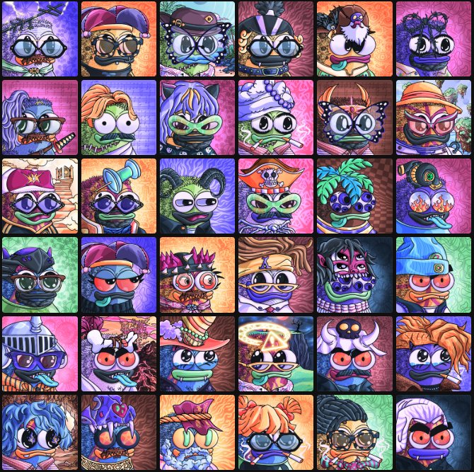 A grid collage displays 36 cartoonish NFT character portraits, many resembling anthropomorphic frogs with various outfits, hats, and accessories.