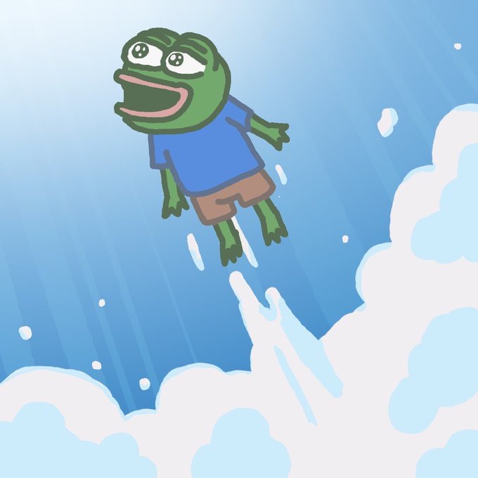 A cartoon illustration of the Pepe the Frog meme character wearing a blue shirt and brown shorts, appearing to rocket upward through clouds into a blue sky.