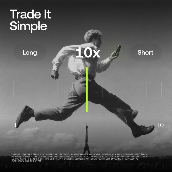 A black-and-white promotional advertisement showing a man leaping mid-air while holding a smartphone, with the text 'Trade It Simple,' '10x,' 'Long,' and 'Short,' along with a disclaimer about X-PERPS derivatives in German.