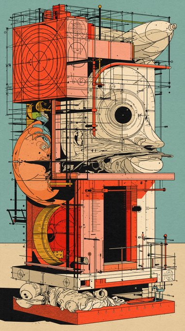 A complex surreal illustration featuring an intricate assemblage of mechanical parts, anatomical structures, and architectural elements rendered in red, pink, and black wireframe lines, with a stylized human face profile incorporated into the central design.