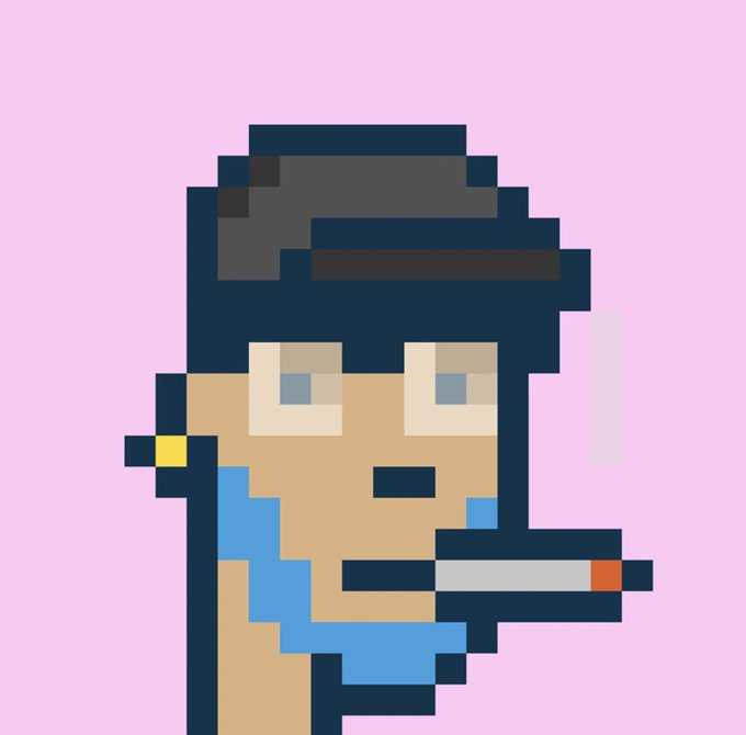 A pixel art illustration of a character with dark hair, blue eyes, and a blue scarf, smoking a cigarette against a pink background.