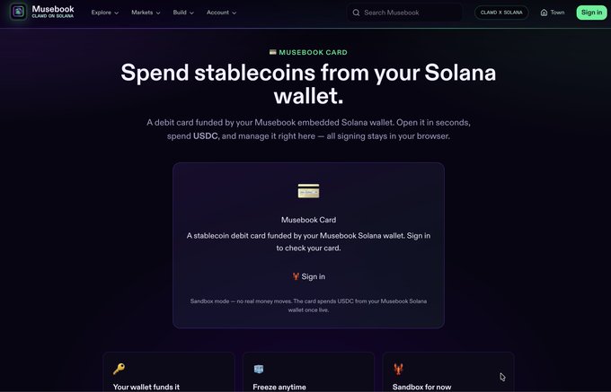 The Musebook website displays a promotional page for 'Musebook Card' with the headline 'Spend stablecoins from your Solana wallet,' highlighting features like wallet funding, freezing, and sandbox mode.
