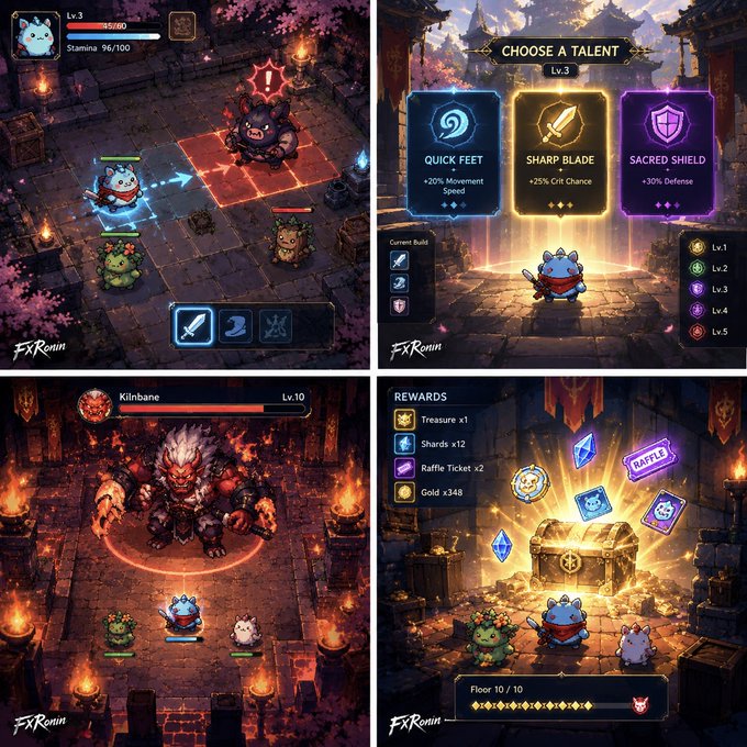 Four gameplay screenshots from the mobile game 'FXRonin' showing a cute character fighting enemies, choosing talents (Quick Feet, Sharp Blade, Sacred Shield), battling a boss named Kinbane, and claiming rewards.