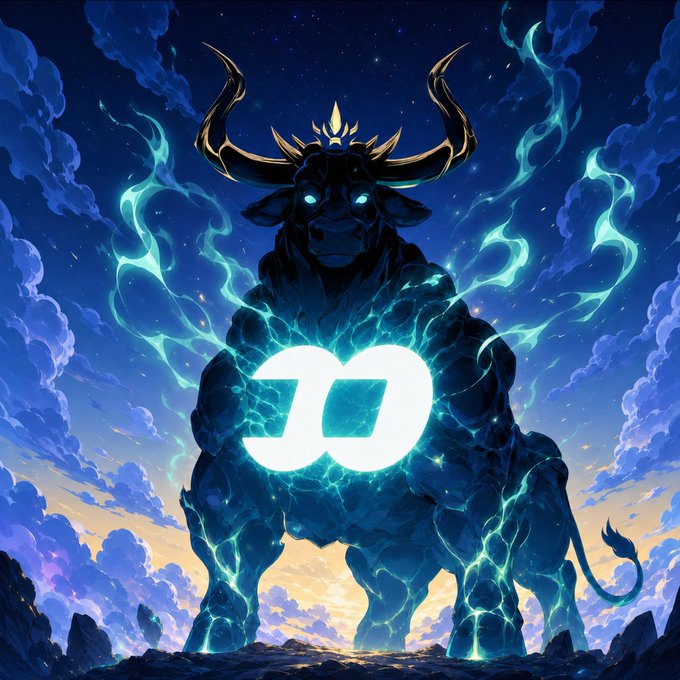 A fantasy illustration shows a massive, muscular bull-like creature with glowing blue eyes and energy veins, standing against a dramatic cloudy sky, with a stylized white 'D' logo overlaid on its chest.
