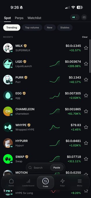 A mobile trading app screenshot displaying trending tokens including MILK ($0.01345, +31.57%), LIQD ($0.003674, +205.06%), PURR, EGG, CHAMELEON, WHYPE, HYPURR, and SWAP.