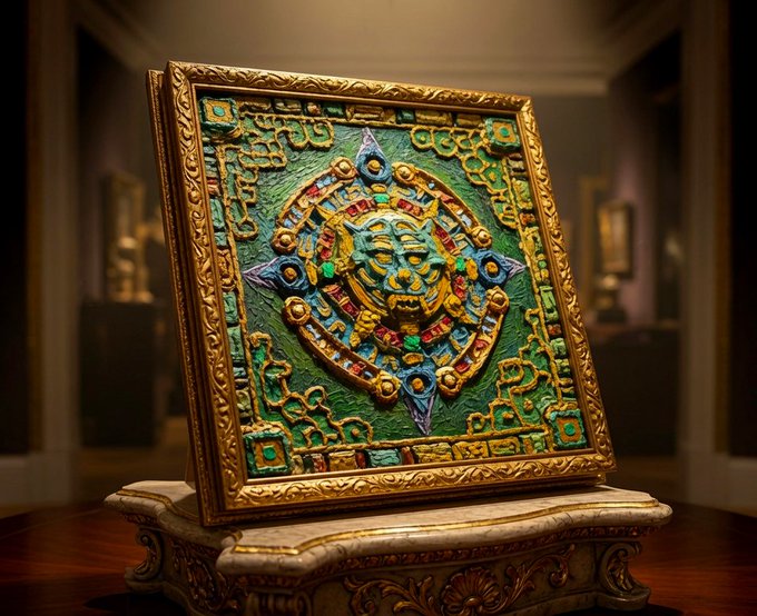 An ornate, intricately detailed artwork featuring a central golden face surrounded by colorful geometric patterns in green, blue, and red, displayed in an elaborate gilded frame atop a decorative pedestal in a museum-like setting. The image showcases one of the many original physical artworks shipped to the community, emphasizing the founder's commitment to providing tangible, museum-quality pieces in the Web3 space.
