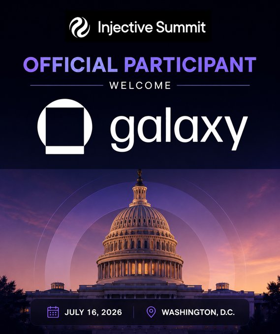 A promotional graphic announcing Galaxy as an official participant at the Injective Summit, featuring the Injective and Galaxy logos above an image of the U.S. Capitol building at sunset, with event details showing "JULY 16, 2026" and "WASHINGTON, D.C."
