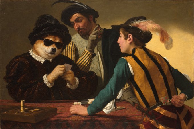 A classical oil painting depicting three men and a dog wearing sunglasses, dressed in Renaissance-style clothing, gathered around a table playing cards, famously known as 'The Cardsharps'.