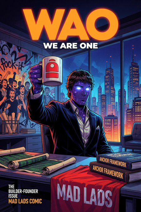A comic-style cover titled 'WAO - WE ARE ONE - THE BUILDER-FOUNDER ISSUE - MAD LADS COMIC' shows a glowing-eyed figure in a suit holding up a mug, with 'MAD LADS' on a red cloth and 'ANCHOR FRAMEWORK' books on a desk.