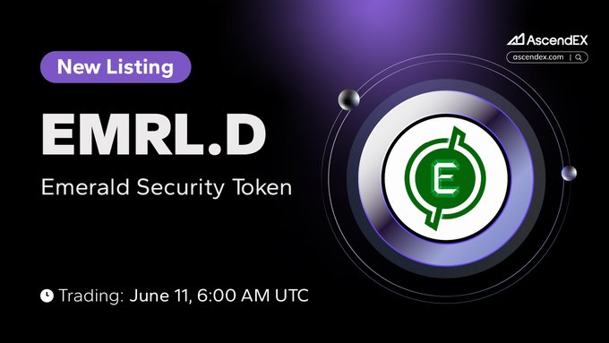 The image is a screenshot of a website that says "New listing" at the top, followed by an advertisement for a security token. Below this advertisement, there are details about a trading pair, such as the pair #EMRL.D (#emrl.d) and USDT/EURONLY (USDT/EURO). The post also states that "@emrl.d" has listed the security token under the #AscendEX hashtag for more details about it. This indicates that there is a new listing, likely related to cryptocurrency or tokens in particular, with details and possibly an invitation for people to participate or invest in it.