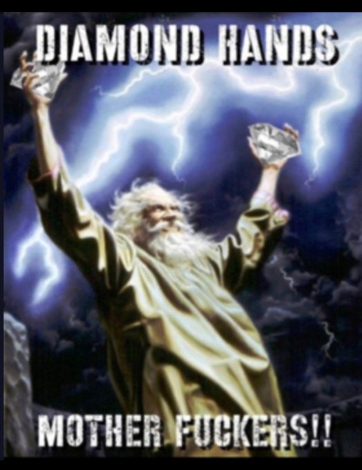 A meme image features a figure resembling Moses raising his arms triumphantly with lightning in the background, holding stacks of money, with bold text reading "DIAMOND HANDS" and "MOTHER FUCKERS!!".