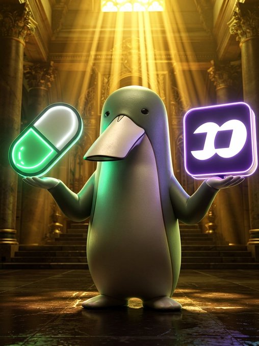 A 3D-rendered illustration of a duck-billed character standing in a grand hall, holding a glowing green and white pill in one hand and a glowing purple logo in the other.