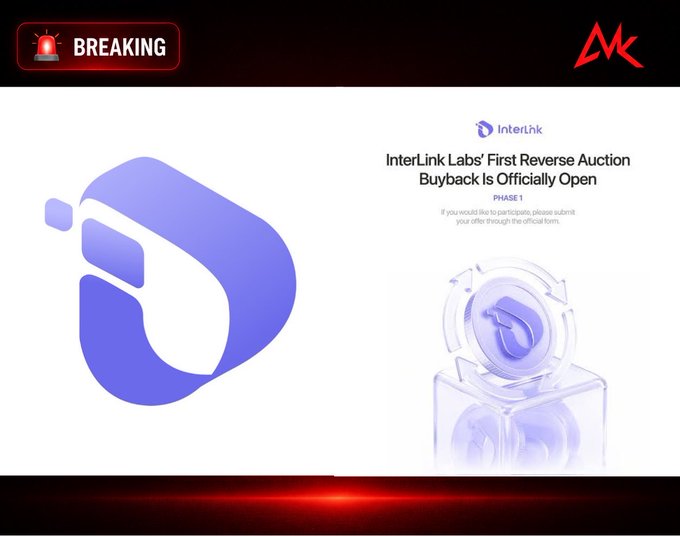 A breaking news graphic from 'AK' announces that InterLink Labs' First Reverse Auction Buyback is Officially Open in PHASE 1, featuring their purple cube logo and a 3D coin icon.