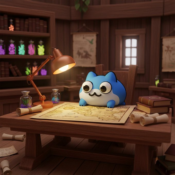 A 3D illustration features a blue, round cartoon cat sitting at a wooden desk, studying a map illuminated by a copper desk lamp in a cozy, rustic room.