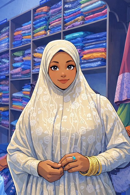 A comic-style illustration of a smiling young woman wearing a white floral hijab and gold bangles, standing in what appears to be a clothing or fabric shop with shelves of colorful folded garments behind her.
