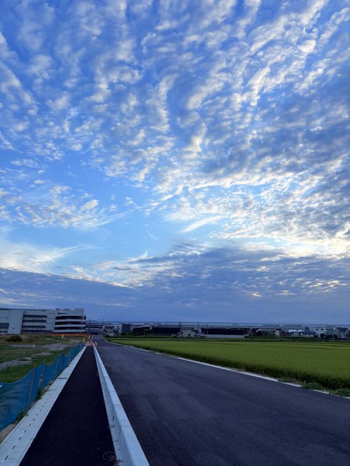 A scenic landscape photo featuring a vast blue sky with textured clouds above a newly paved road, green rice fields, and distant buildings in what appears to be rural Japan.