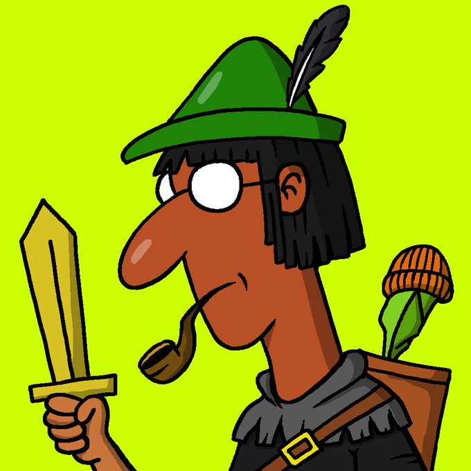 A cartoon character in a green hat with a black feather, smoking a pipe and holding a yellow sword, with a quiver of arrows on his back, set against a lime green background.