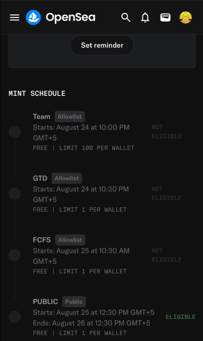 OpenSea app screenshot showing a MINT SCHEDULE with Team, GTD, FCFS (Allowlist) and Public phases, with 'NOT ELIGIBLE' status except the Public phase marked 'ELIGIBLE'.