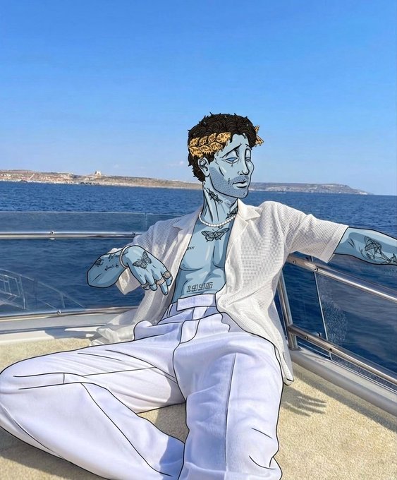 A stylized illustration of a blue-skinned figure wearing a flower crown and white clothing, lounging on a boat with the ocean in the background.