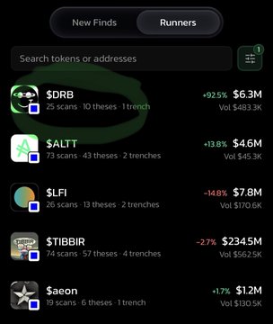 A mobile app interface showing cryptocurrency tokens with tabs for 'New Finds' and 'Runners,' highlighting $DRB (+92.5%, $6.3M), $SALTT (+13.8%, $4.6M), $LFI (-14.8%, $7.8M), $TIBBIR (-27%, $234.5M), and $aeon (+1.7%, $1.2M).