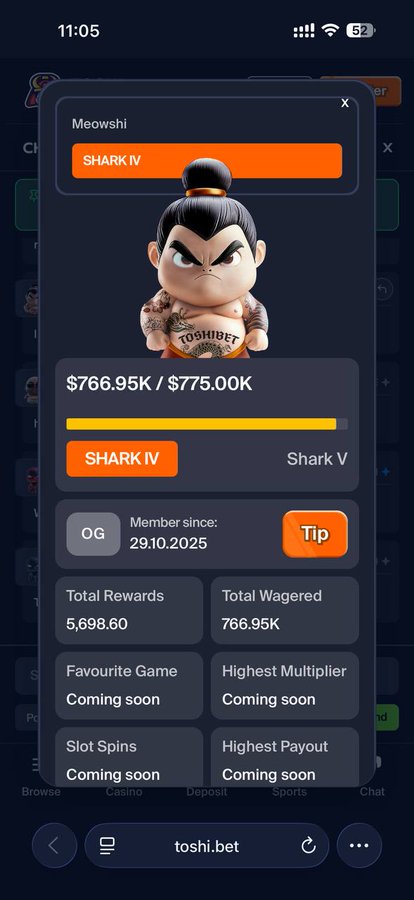 A mobile betting app screenshot showing a user profile for 'Meowshi' at 'SHARK IV' level with $766.95K wagered out of $775.00K on toshi.bet.
