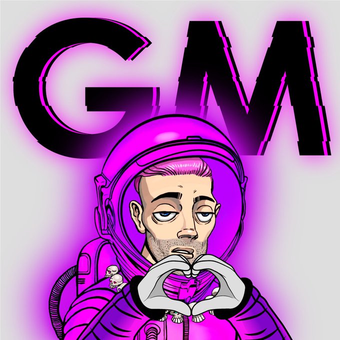 The image features a cartoon depiction of an astronaut wearing a purple suit with a helmet, holding up two hands as if making peace or greeting someone. The background behind the astronaut shows a purple glow, which could be interpreted as a neon sign or a light source. The caption above the image reads "GM to the @wallchain community and everyone building the backbone of the decentralized future! Every transaction holds value, and ensuring that value strengthens the ecosystem is the ultimate goal".