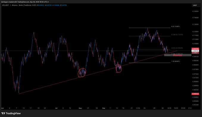 A TradingView daily candlestick chart for XPL/USD (Plutonium) on Binance shows a recent uptrend breaking down from a rising trendline, with Fibonacci retracement levels drawn at 0.12497, 0.11935, and 0.11431 above the price, while current support sits around 0.10436, suggesting a potential bearish continuation for $XPL.