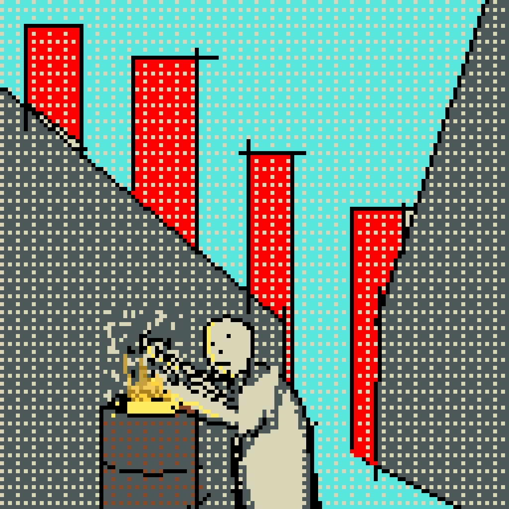 The image features a man standing next to a fire pit, wearing an apron and holding a pot over the fire. He appears to be cooking something or tending to a fire. The background of the image shows a city skyline with tall buildings, including a red brick building that stands out against the blue sky dotted with white dots representing stars.

The post reads "#eth", which is likely a reference to the artist's name or a social media account they might have created for their artwork.