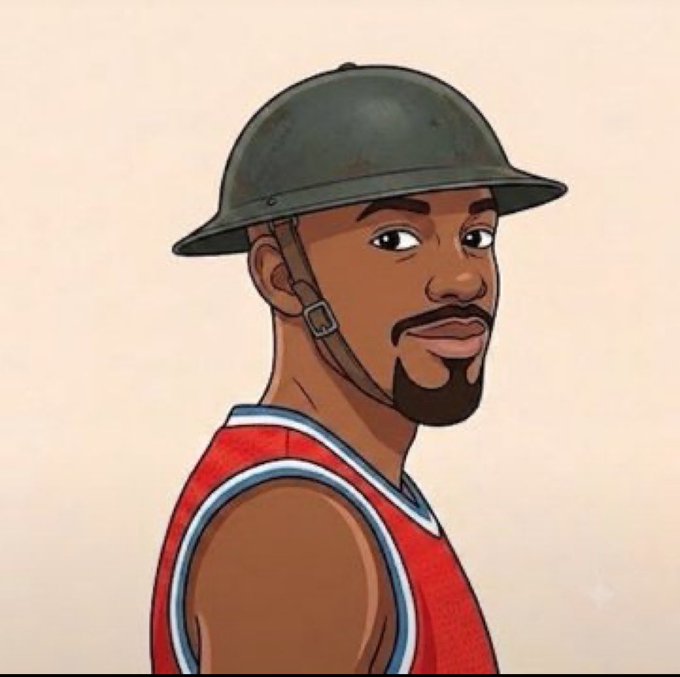 A stylized cartoon portrait of a man wearing a dark gray helmet with a chin strap and a red and white tank top, looking over his shoulder.
