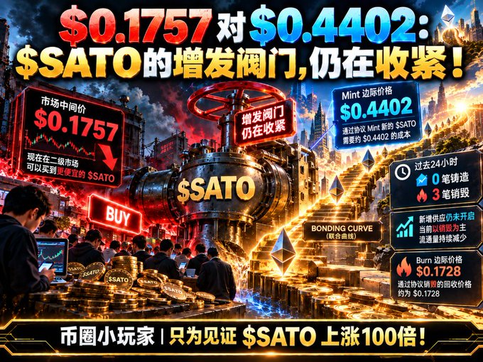 A promotional graphic for $SATO cryptocurrency showing market price of $0.1757 vs Mint price of $0.4402, with Chinese text describing the issuance valve still closing and a 100x price increase prediction.