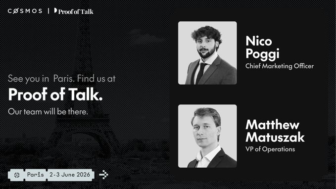 The image features a black and white poster with two men's faces against a dark background. The text on the poster reads "see you in Paris, Find us at Proof of Talk. Our team will be there. Our team will be there." This suggests that the event is related to marketing or public relations for a company, as it encourages attendees to attend and engage with the speakers.