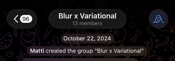 A screenshot of a Telegram group chat titled "Blur x Variational" with 13 members, dated October 22, 2024, showing that "Matti created the group 'Blur x Variational'." The image accompanies a celebratory post marking 22 months, $275b volume, $1.4b open interest, and 500+ markets, suggesting the new group launch coincides with Blur's continued growth in the NFT/DeFi space.