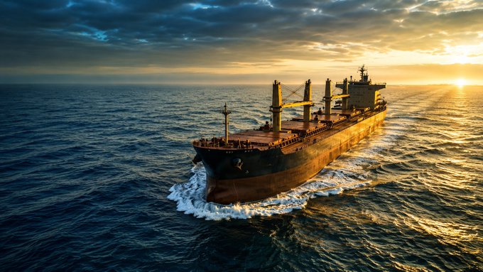 An aerial photograph of a large cargo ship sailing on the ocean at sunset, with golden light reflecting off the water and dramatic clouds in the sky.