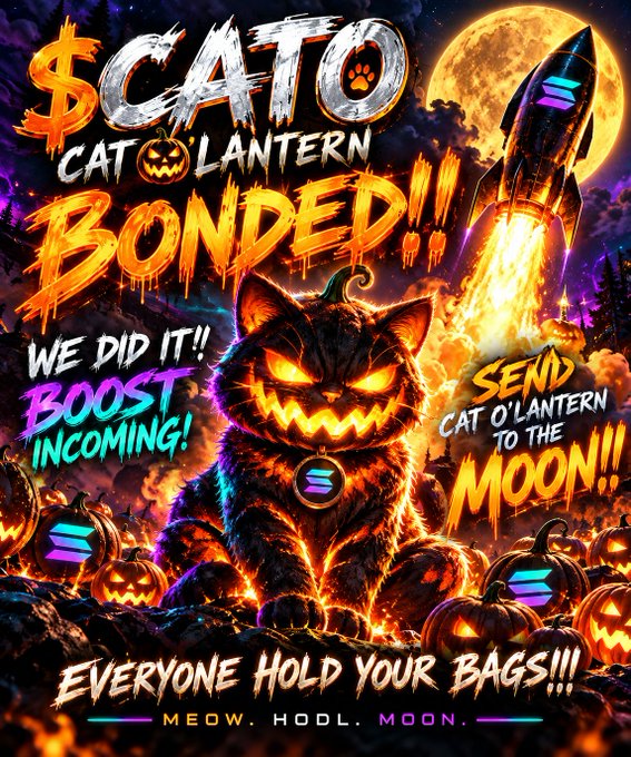 A vibrant Halloween-themed crypto meme poster for "$CATO Cat o'Lantern" featuring a flaming jack-o'-lantern cat, a rocket launching toward the moon, and the slogans "BONDED!!!", "BOOST INCOMING!", "SEND CAT O'LANTERN TO THE MOON!!!", and "EVERYONE HOLD YOUR BAGS!!!".