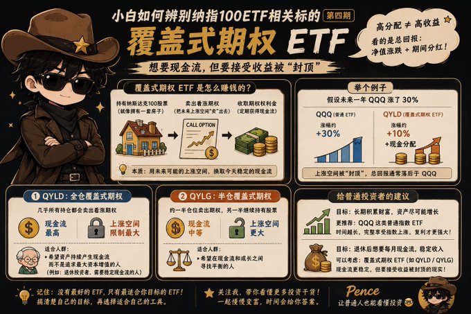 An infographic in Chinese explaining covered call ETFs related to the Nasdaq 100 (QQQ), comparing QYLD (full coverage) and QYLG (half coverage), illustrated by a character in a cowboy hat.