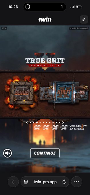A mobile screenshot from the 1win gaming app displaying the 'True Grit Redemption 2' slot game interface with a western theme, featuring options for 'Bonus' and 'Split'.
