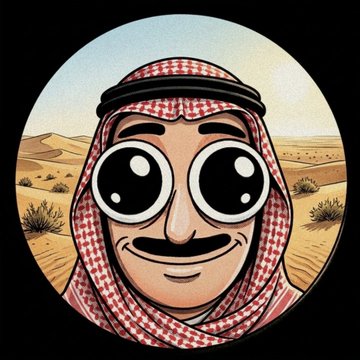 A cartoon-style illustration of a man wearing a traditional red and white keffiyeh and agal in the Arabian desert, with exaggerated large eyes.