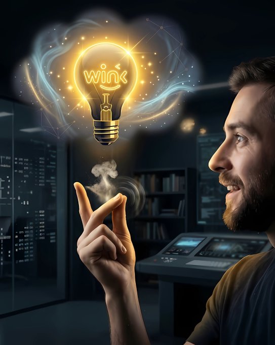 A man looks up in wonder as a glowing lightbulb containing the 'wink' logo hovers above his fingers in a smoky, tech-themed setting.