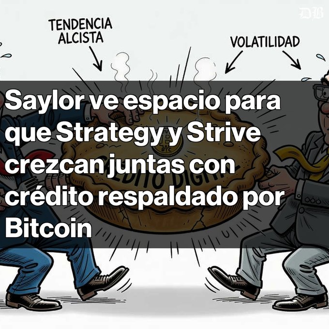 A cartoon illustration with Spanish text overlay reading 'Saylor ve espacio para que Strategy y Strive crezcan juntas con crédito respaldado por Bitcoin', depicting two men in suits straining as they carry a giant Bitcoin-shaped object, with labels 'TENDENCIA ALCISTA' and 'VOLATILIDAD' pointing to the coin.