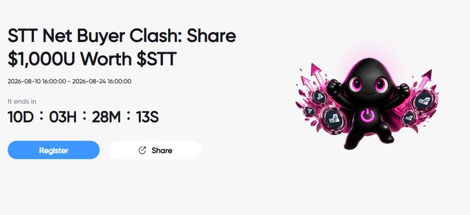 A promotional banner for '$TT Net Buyer Clash: Share $1,000U Worth $TT' running from 2026-08-10 to 2026-08-24, with a countdown timer showing 10 days remaining and a black/pink cartoon mascot character.