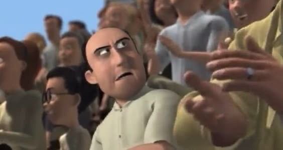 An animated scene shows a balding man with a concerned expression reaching his hand toward the camera, surrounded by a crowd of onlookers.