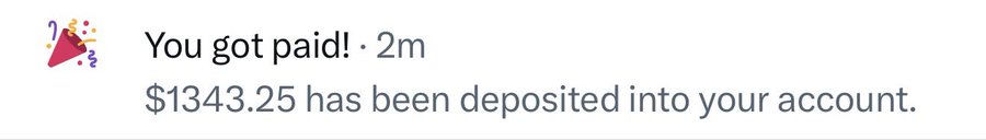 A mobile notification from a party hat icon reading "You got paid! · 2m" and "$1343.25 has been deposited into your account".