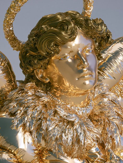 A 3D rendered golden statue of an angelic figure with detailed curly hair, horns, and an ornate feathered collar against a clear sky background.