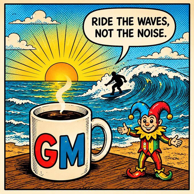 A pop-art style comic illustration featuring a coffee mug labeled 'GM' on a wooden surface, a jester character giving a thumbs-up, a surfer riding a wave, and a speech bubble saying 'RIDE THE WAVES, NOT THE NOISE.'