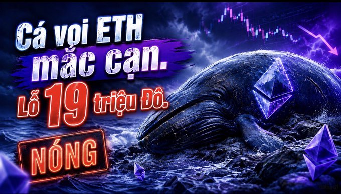 A Vietnamese-language graphic featuring a beached whale on a dark ocean with Ethereum logos, overlaid with text 'Cá voi ETH mắc cạn. Lỗ 19 triệu Đô. NÓNG' (ETH whale stranded. Lost 19 million USD. HOT) and a downward trending chart.