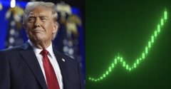 Donald Trump appears on the left side of the image next to a green upward-trending stock chart, visually suggesting that his associates' $100,000 investment for early access to insider information paid off with significant market gains.