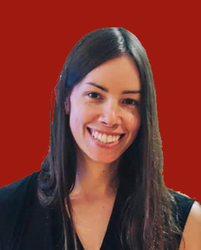 A smiling woman with long dark hair stands against a solid red background, wearing a dark top. Her friendly, confident expression visually reinforces the post's message about Bitcoin's value depending on community coordination and collective adoption rather than technical ease of forking.