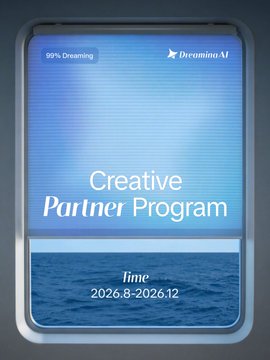 A promotional graphic for the "Creative Partner Program" by Dromina-AF, displayed with a serene ocean and sky background, noting "99% Dreaming" at the top, "fime" branding in the center, and the timeframe "2026.8-2026.12" at the bottom—likely a digital mock-up celebrating the creator's recent acceptance into Dreamina's CPP community.